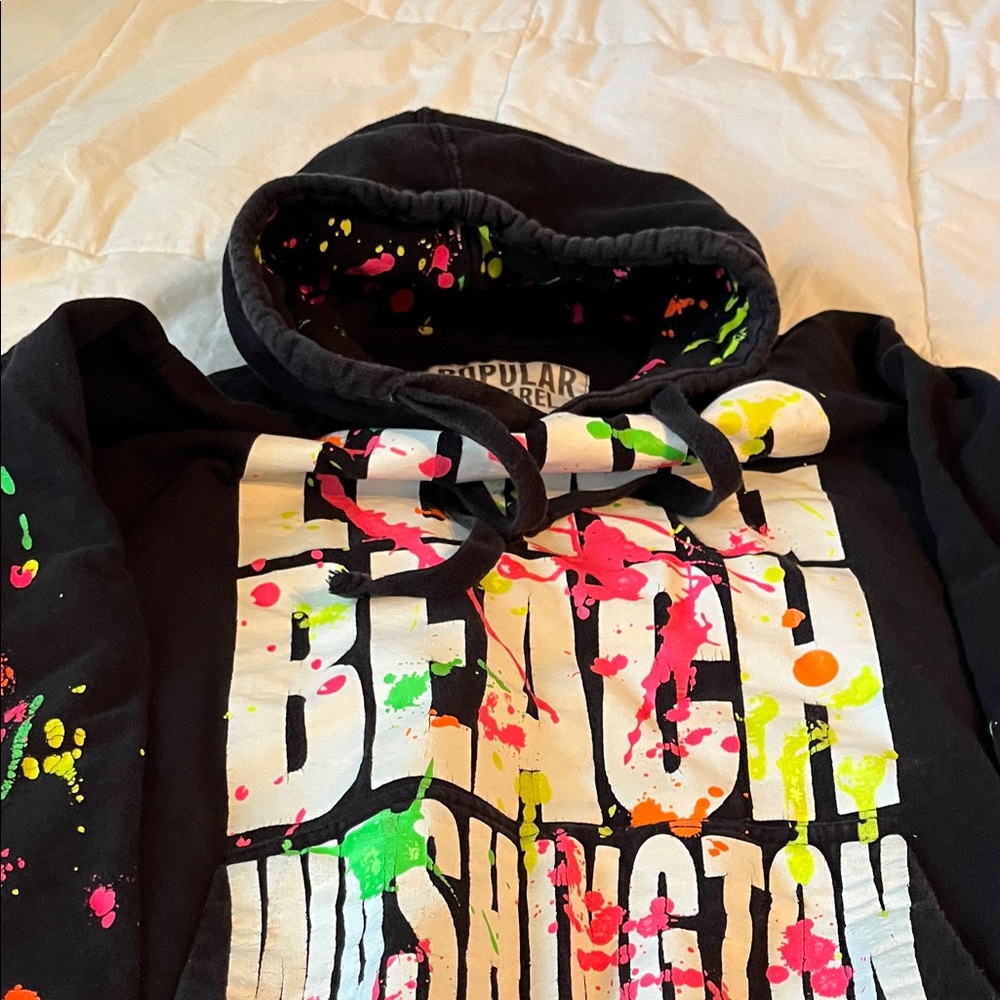 Popular Apparel Black Hoodie with Neon Paint Splatter gently used